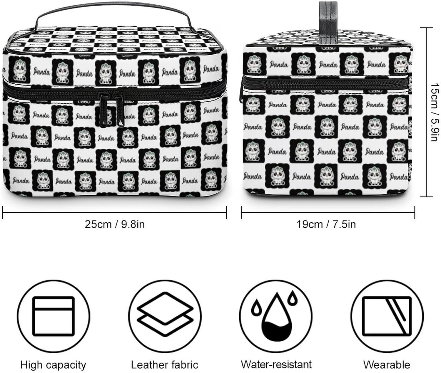 Womens Cute Panda Checkered Make Up Bag Organizer With Compartments Handle Men Makeup Toiletry Bags Waterproof Soft Leather Skincare Cosmetic Box For Travel Camping Wedding
