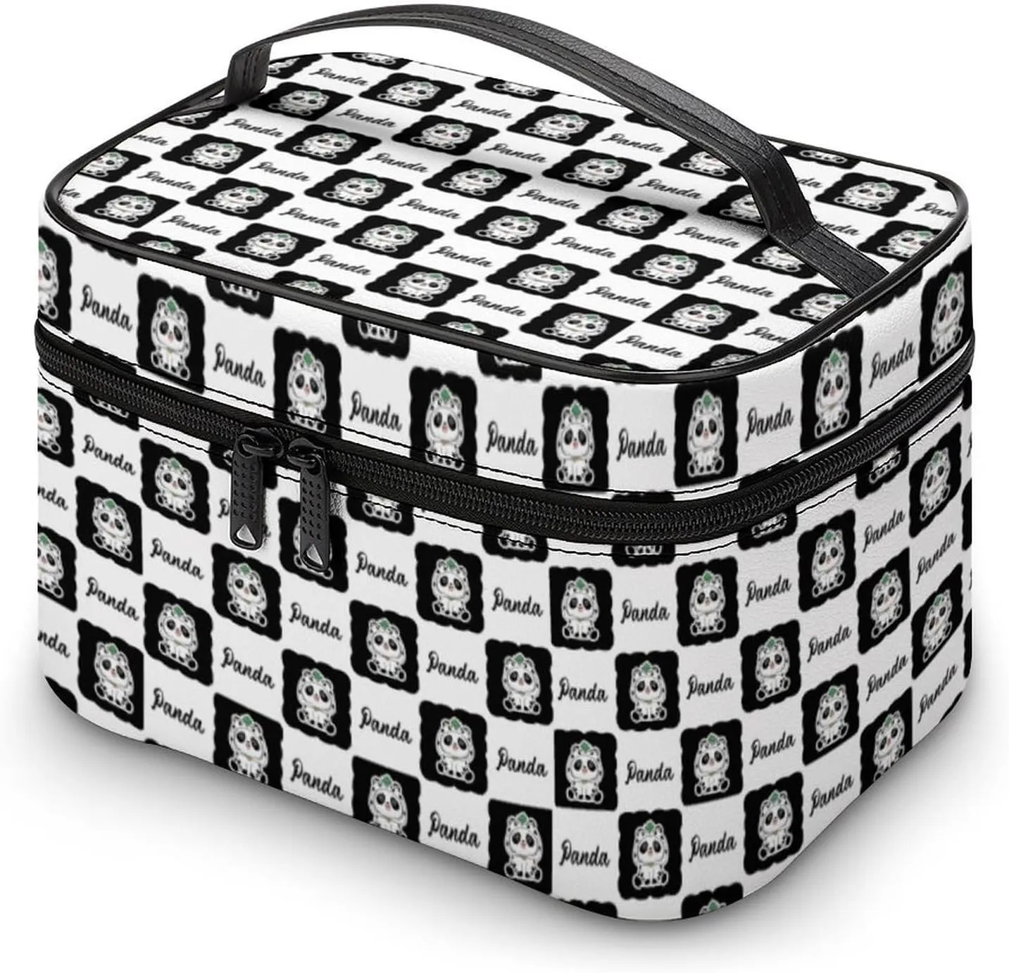 Womens Cute Panda Checkered Make Up Bag Organizer With Compartments Handle Men Makeup Toiletry Bags Waterproof Soft Leather Skincare Cosmetic Box For Travel Camping Wedding