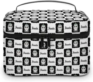 Womens Cute Panda Checkered Make Up Bag Organizer With Compartments Handle Men Makeup Toiletry Bags Waterproof Soft Leather Skincare Cosmetic Box For Travel Camping Wedding