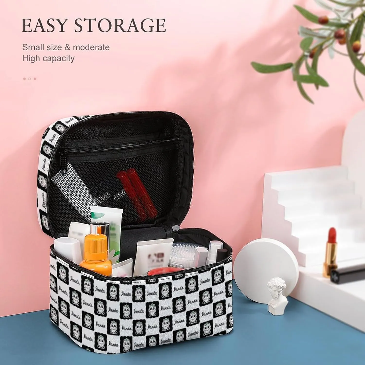 Womens Cute Panda Checkered Make Up Bag Organizer With Compartments Handle Men Makeup Toiletry Bags Waterproof Soft Leather Skincare Cosmetic Box For Travel Camping Wedding