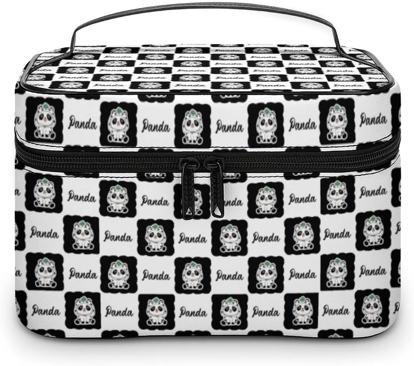 Womens Cute Panda Checkered Make Up Bag Organizer With Compartments Handle Men Makeup Toiletry Bags Waterproof Soft Leather Skincare Cosmetic Box For Travel Camping Wedding