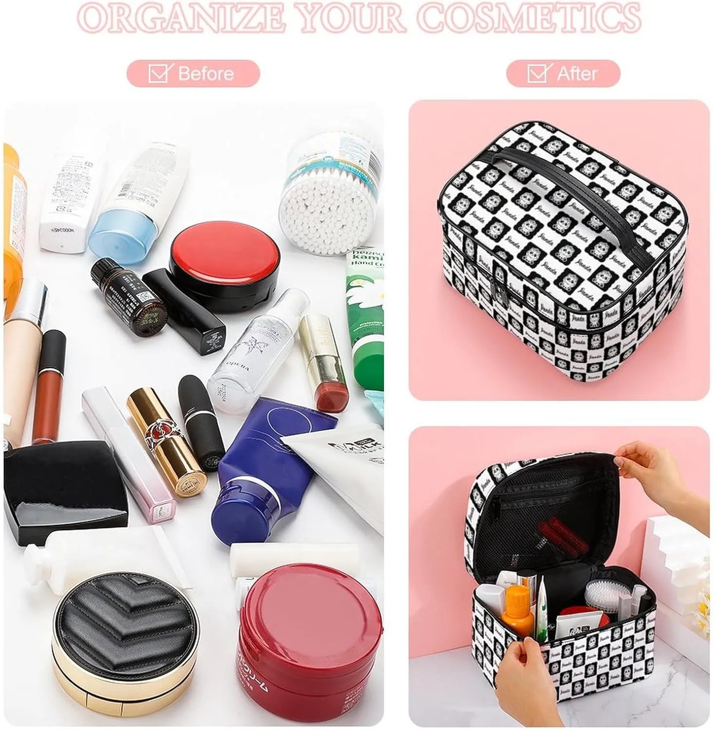 Womens Cute Panda Checkered Make Up Bag Organizer With Compartments Handle Men Makeup Toiletry Bags Waterproof Soft Leather Skincare Cosmetic Box For Travel Camping Wedding