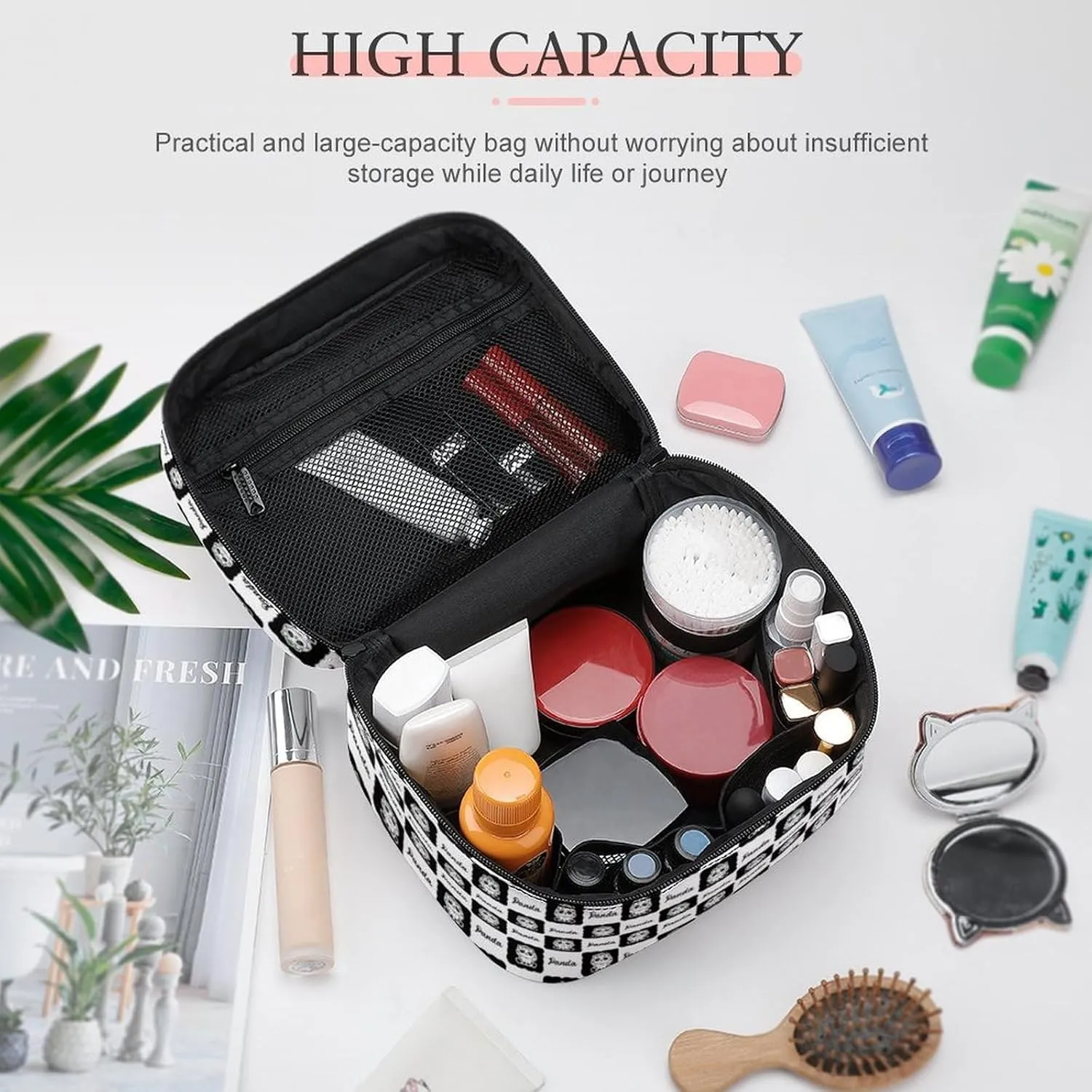 Womens Cute Panda Checkered Make Up Bag Organizer With Compartments Handle Men Makeup Toiletry Bags Waterproof Soft Leather Skincare Cosmetic Box For Travel Camping Wedding