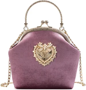 Women's Elegant Evening Clutch Handbag Velvet Purse Crossbody Vintage Satchel Shoulder Bag for Prom Party Wedding, Pink