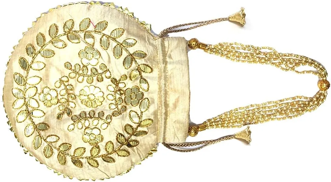 Womens Evening Bag Round Cream Potli Bags for Women Wedding Handbag Evening Bag Clutch Ethnic Bride Purse WIth Pearls Handle (Cream H*L 9*x9.5Inch)