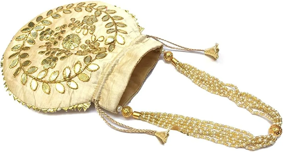 Womens Evening Bag Round Cream Potli Bags for Women Wedding Handbag Evening Bag Clutch Ethnic Bride Purse WIth Pearls Handle (Cream H*L 9*x9.5Inch)