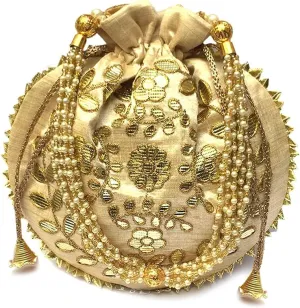 Womens Evening Bag Round Cream Potli Bags for Women Wedding Handbag Evening Bag Clutch Ethnic Bride Purse WIth Pearls Handle (Cream H*L 9*x9.5Inch)