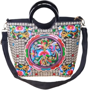 Women’s Exquisite Embroidered Top Handle Tote Bag, Handmade Vintage Colorful Flower Patterns Metal Ornaments Stylish Handbag