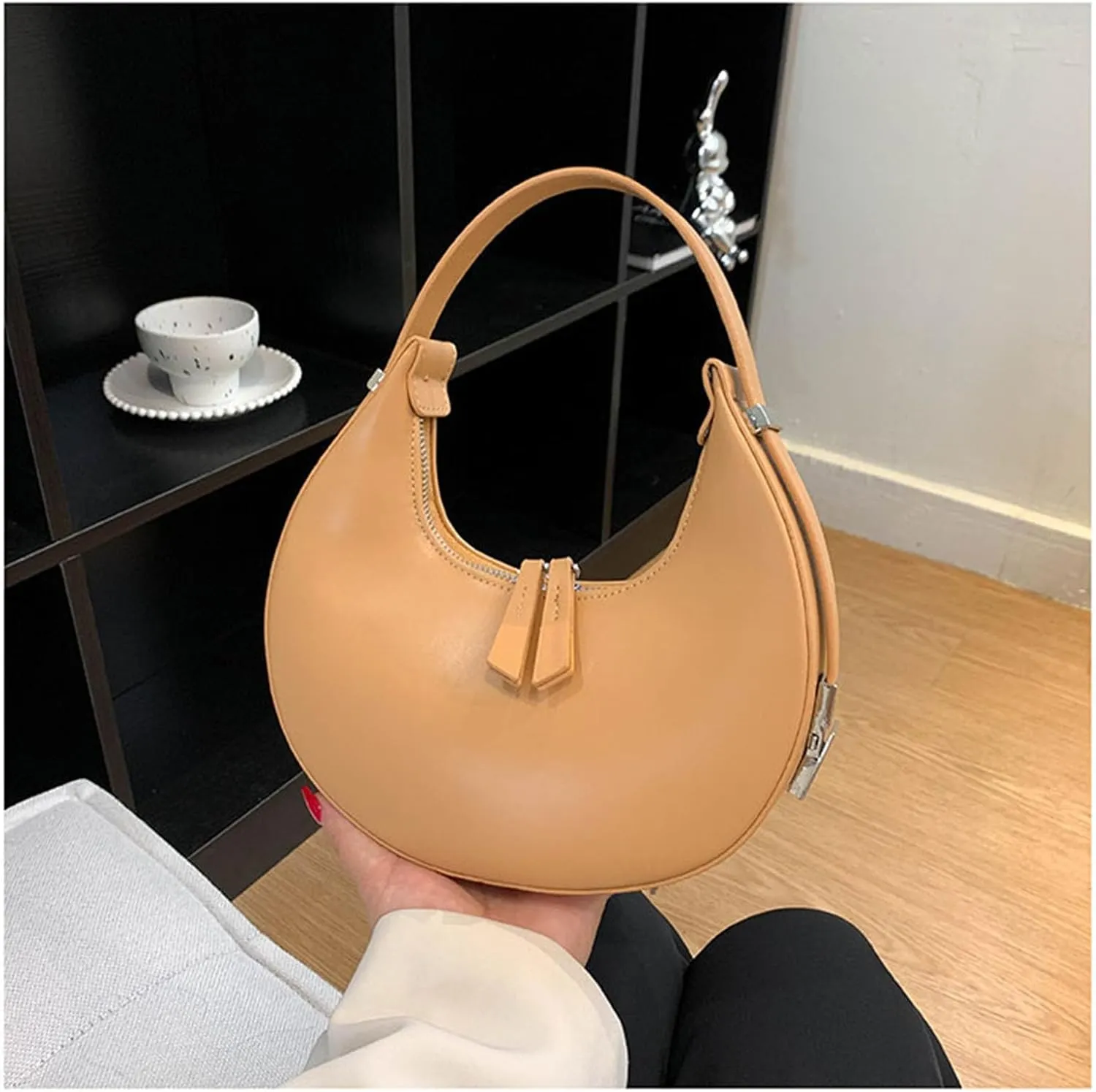 Women's Fashion Crescent Zipper Adjustable Backstrap Shoulder Bag Popular Leather Minimalist Texture Handbag