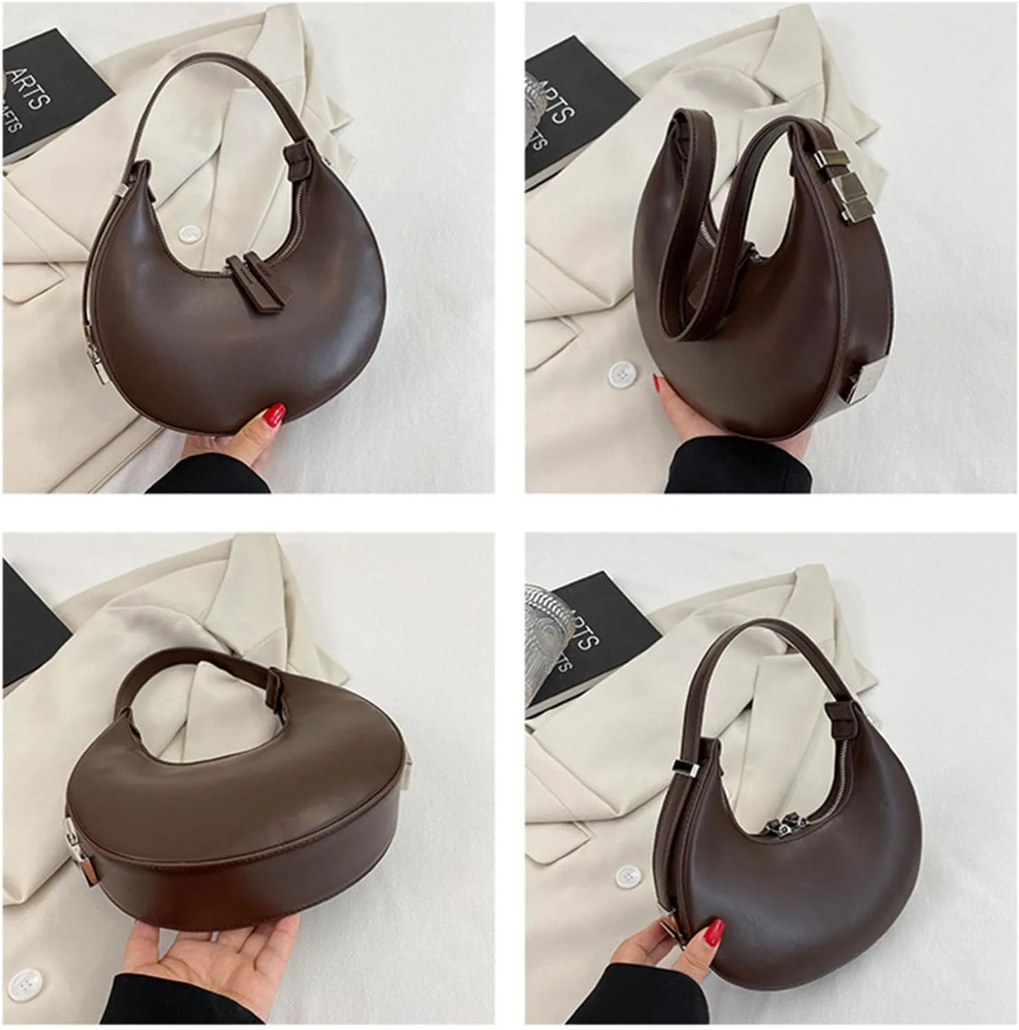 Women's Fashion Crescent Zipper Adjustable Backstrap Shoulder Bag Popular Leather Minimalist Texture Handbag