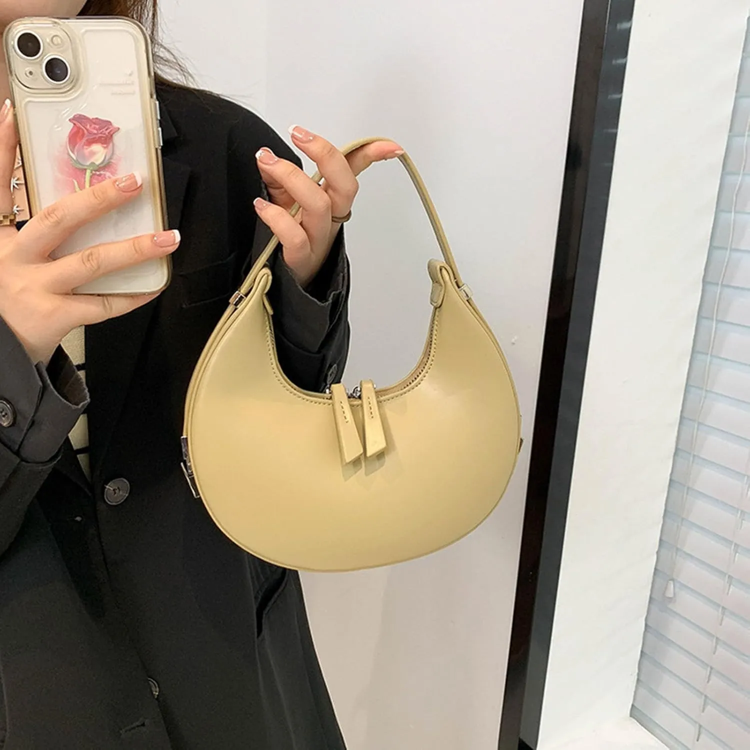 Women's Fashion Crescent Zipper Adjustable Backstrap Shoulder Bag Popular Leather Minimalist Texture Handbag