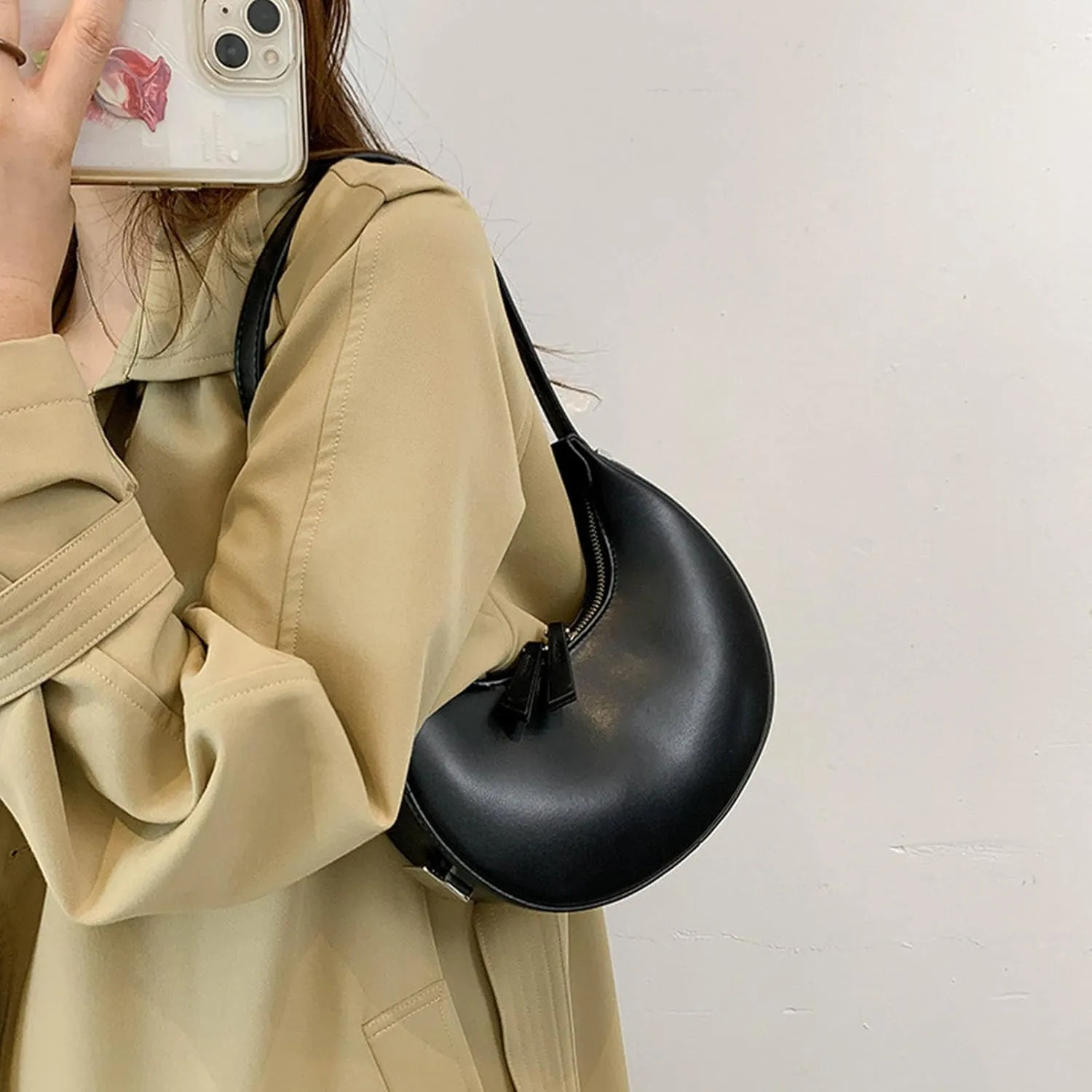 Women's Fashion Crescent Zipper Adjustable Backstrap Shoulder Bag Popular Leather Minimalist Texture Handbag