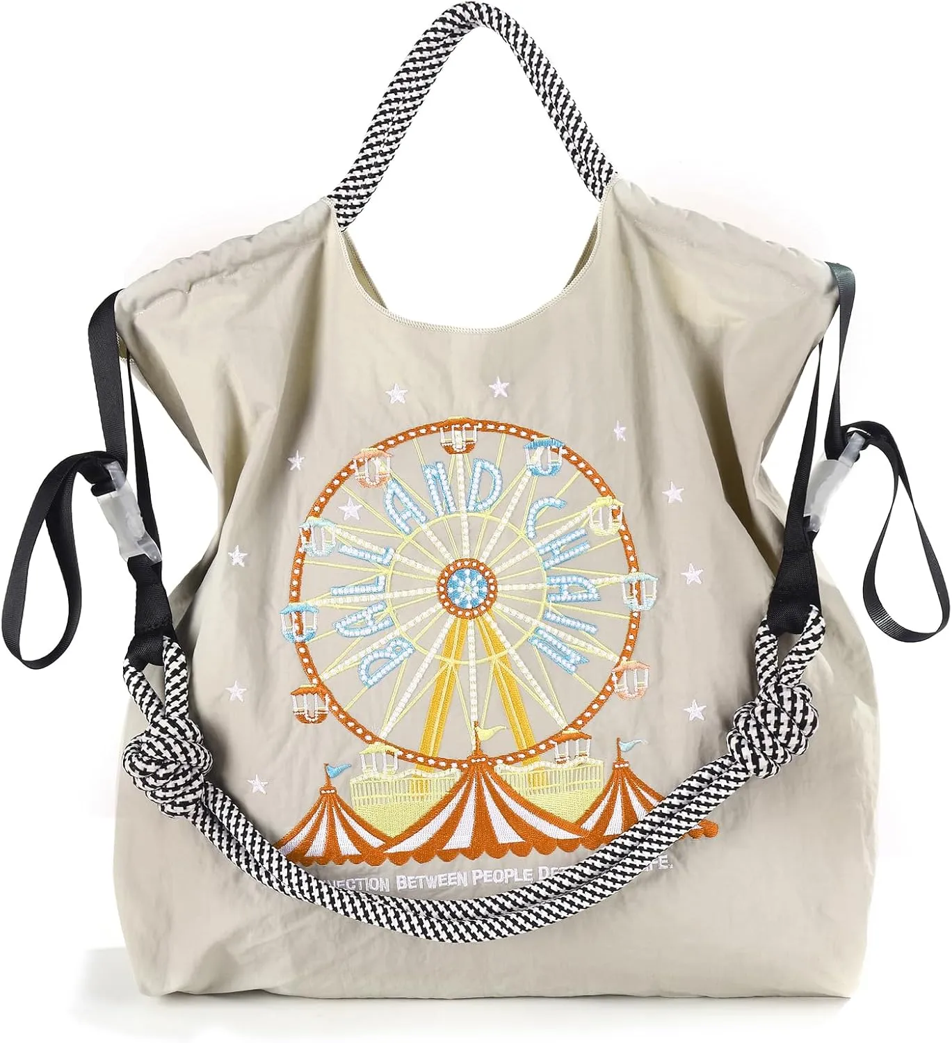 Women's fashion handbag embroidered skateboard bear nylon handbag designed for travel, beach, and birthday shopping bags (Light gray ferris wheel-002)