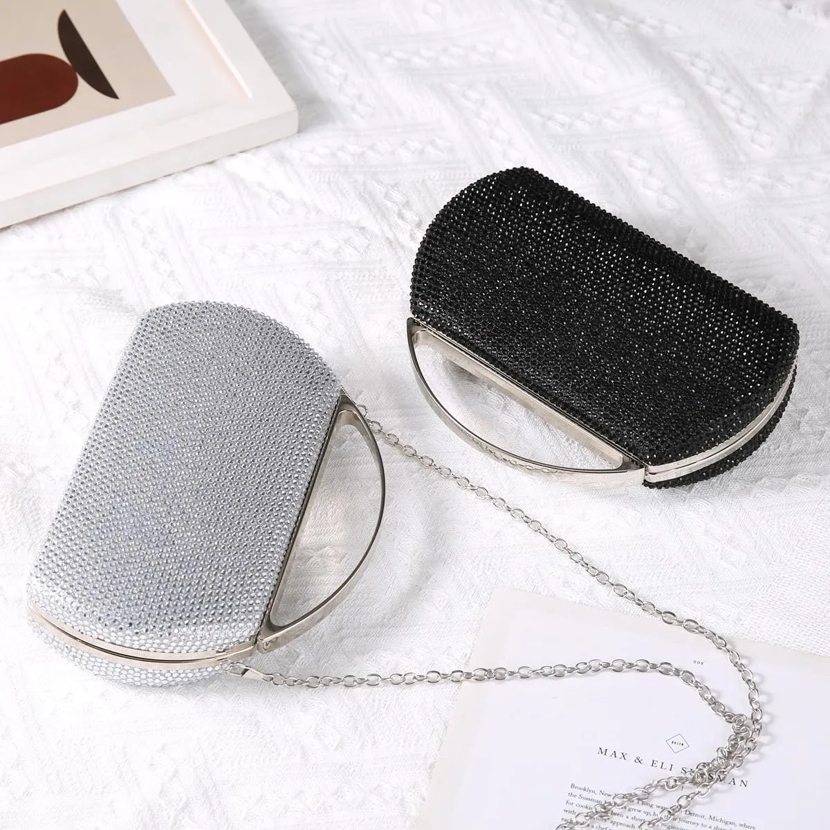 Women's Fashion Top Handle Rhinestone Beaded Evening Bag Clutch Handbag