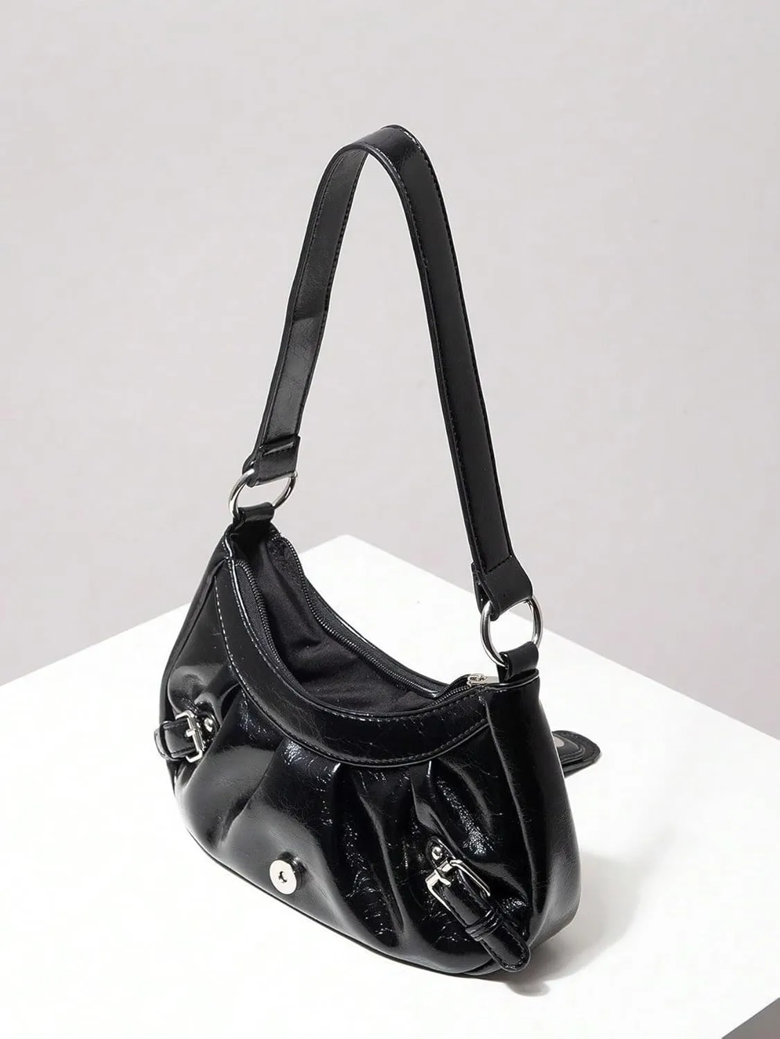 Women's Glossy Buckle Studded Hobo Bags PU Leather Clutch Shoulder Strap Tote Handbag