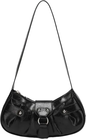 Women's Glossy Buckle Studded Hobo Bags PU Leather Clutch Shoulder Strap Tote Handbag