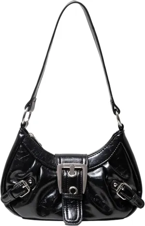 Women's Glossy Buckle Studded Hobo Bags PU Leather Clutch Shoulder Strap Tote Handbag