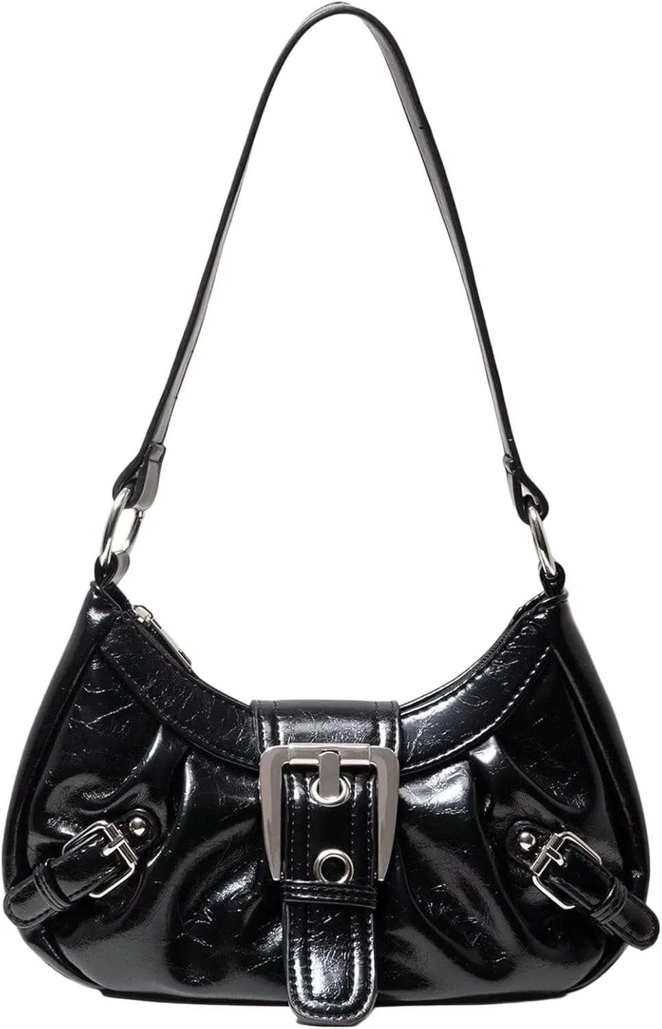 Women's Glossy Buckle Studded Hobo Bags PU Leather Clutch Shoulder Strap Tote Handbag