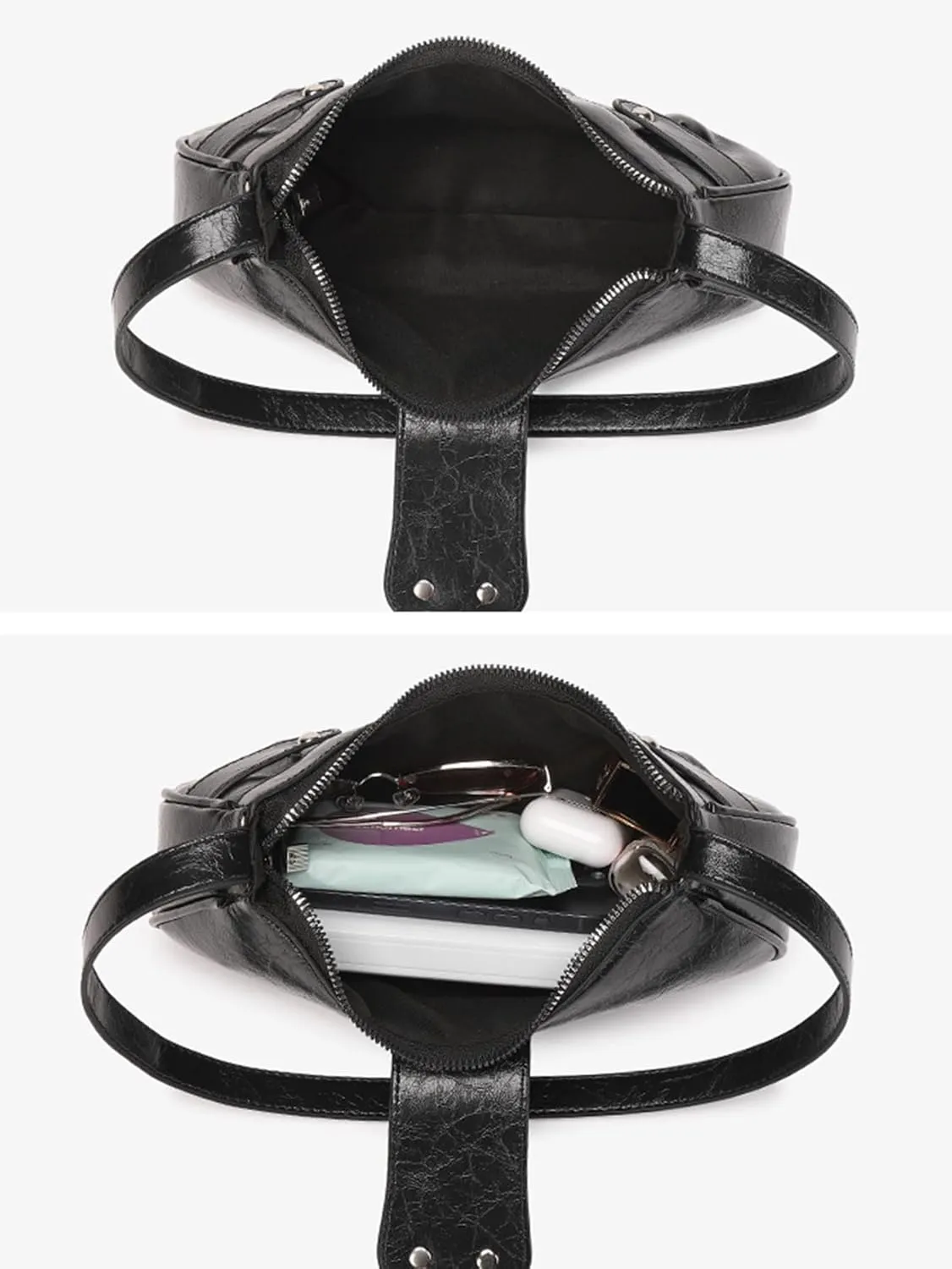Women's Glossy Buckle Studded Hobo Bags PU Leather Clutch Shoulder Strap Tote Handbag