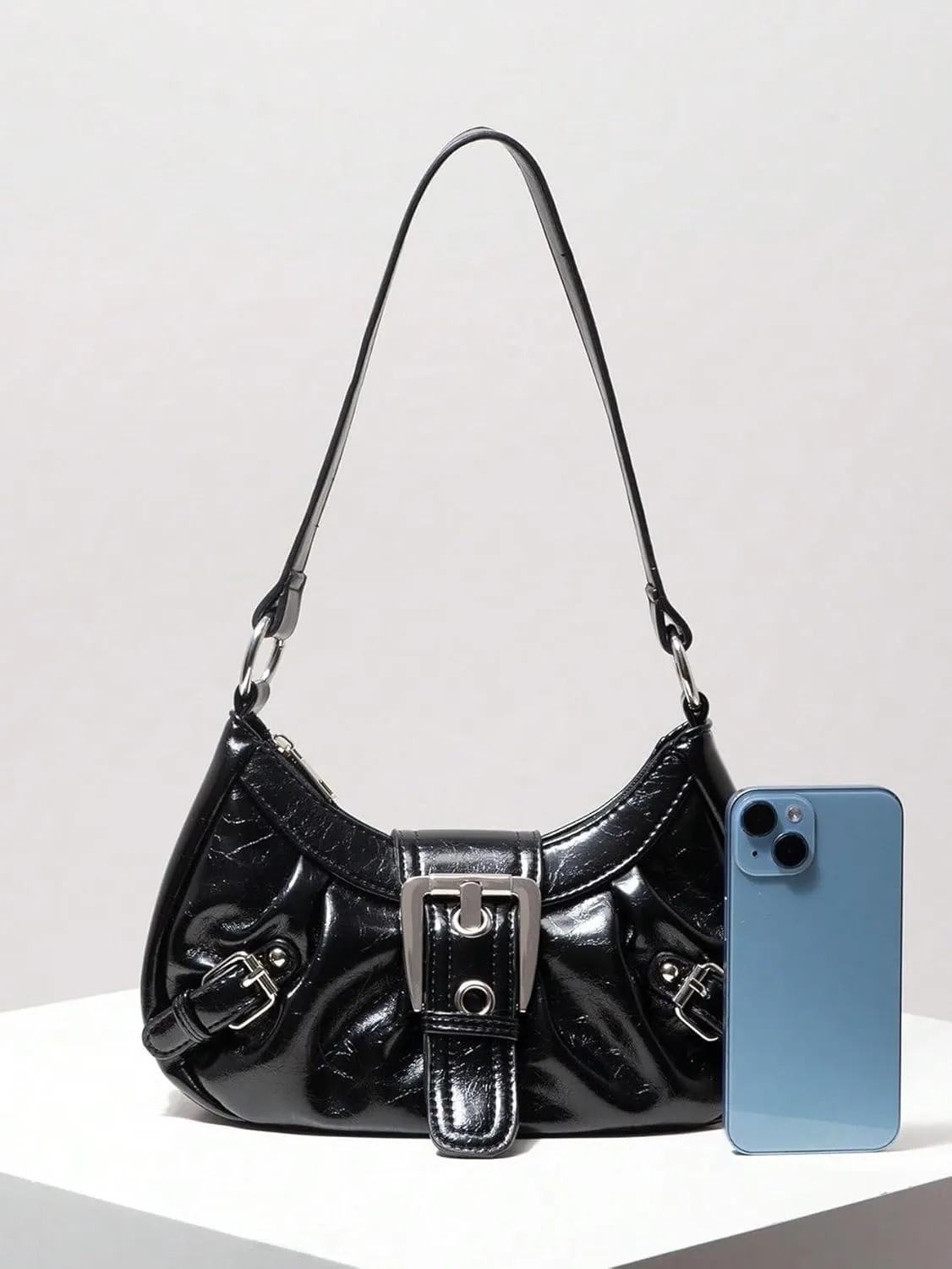 Women's Glossy Buckle Studded Hobo Bags PU Leather Clutch Shoulder Strap Tote Handbag