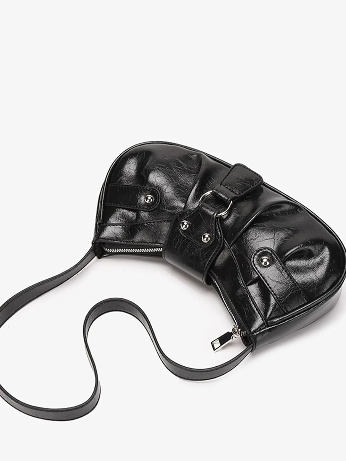 Women's Glossy Buckle Studded Hobo Bags PU Leather Clutch Shoulder Strap Tote Handbag