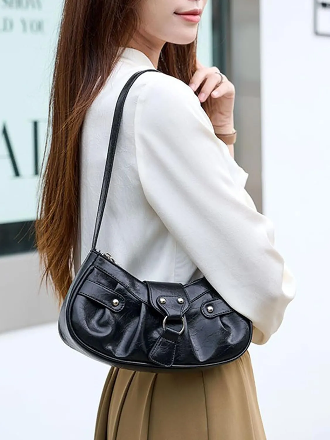 Women's Glossy Buckle Studded Hobo Bags PU Leather Clutch Shoulder Strap Tote Handbag