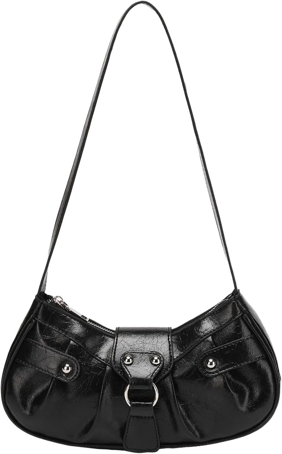 Women's Glossy Buckle Studded Hobo Bags PU Leather Clutch Shoulder Strap Tote Handbag