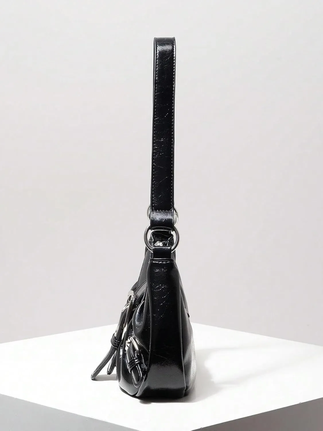 Women's Glossy Buckle Studded Hobo Bags PU Leather Clutch Shoulder Strap Tote Handbag