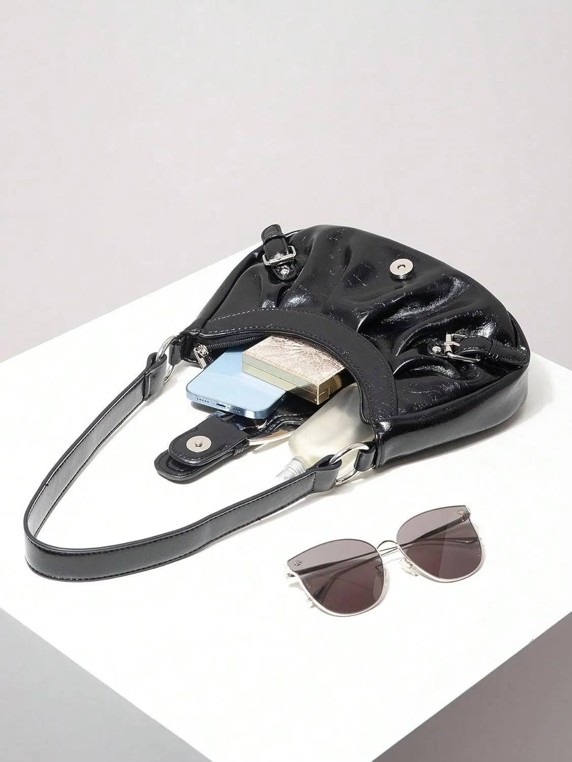 Women's Glossy Buckle Studded Hobo Bags PU Leather Clutch Shoulder Strap Tote Handbag