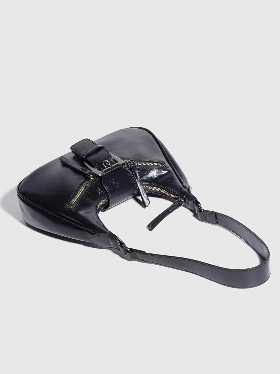 Women's Glossy Buckle Zipper PU Leather Clutch Shoulder Tote Handbag Strap Hobo Bags