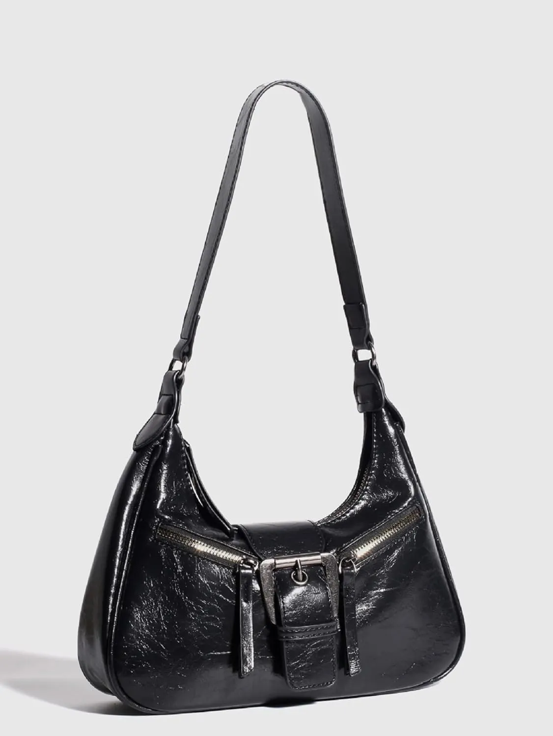 Women's Glossy Buckle Zipper PU Leather Clutch Shoulder Tote Handbag Strap Hobo Bags