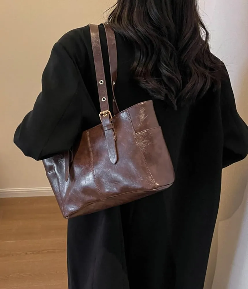 Women's Glossy PU Leather Shoulder Bag Trendy Large Tote Handbag Retro Top Handle Purse
