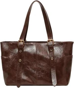 Women's Glossy PU Leather Shoulder Bag Trendy Large Tote Handbag Retro Top Handle Purse