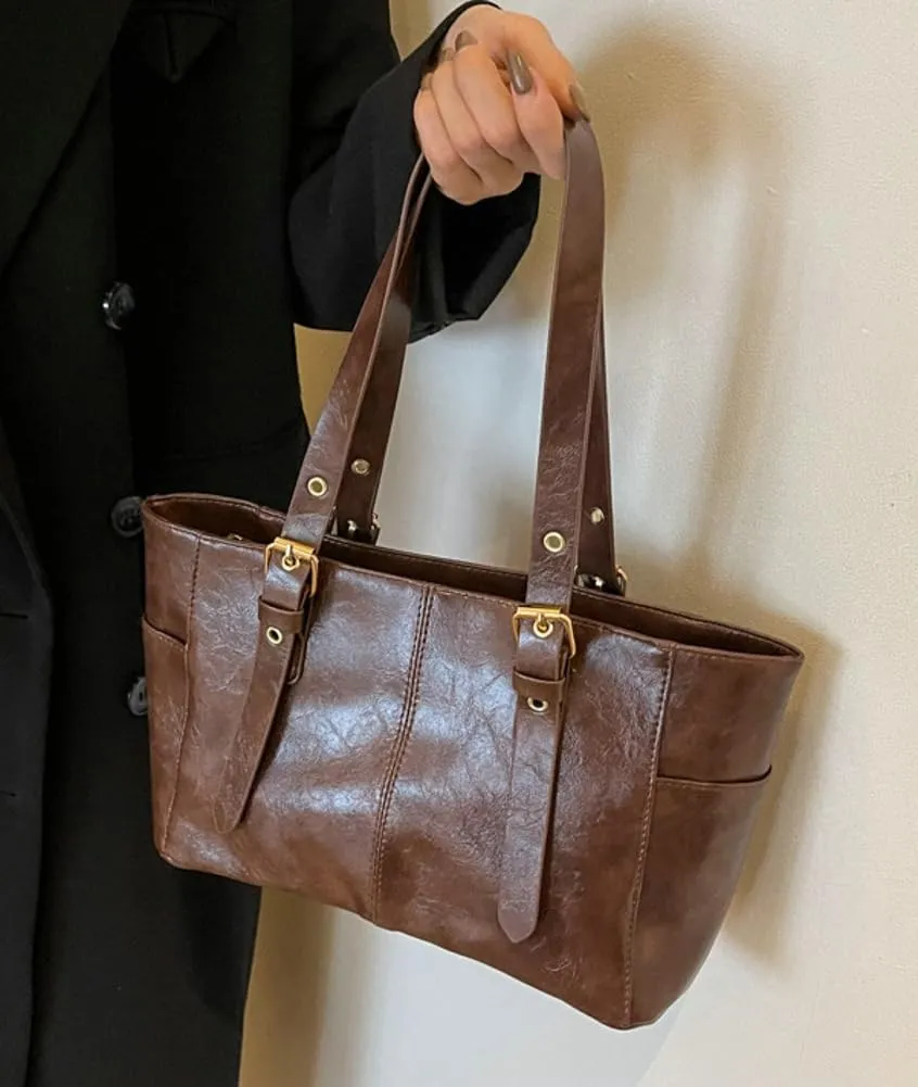 Women's Glossy PU Leather Shoulder Bag Trendy Large Tote Handbag Retro Top Handle Purse