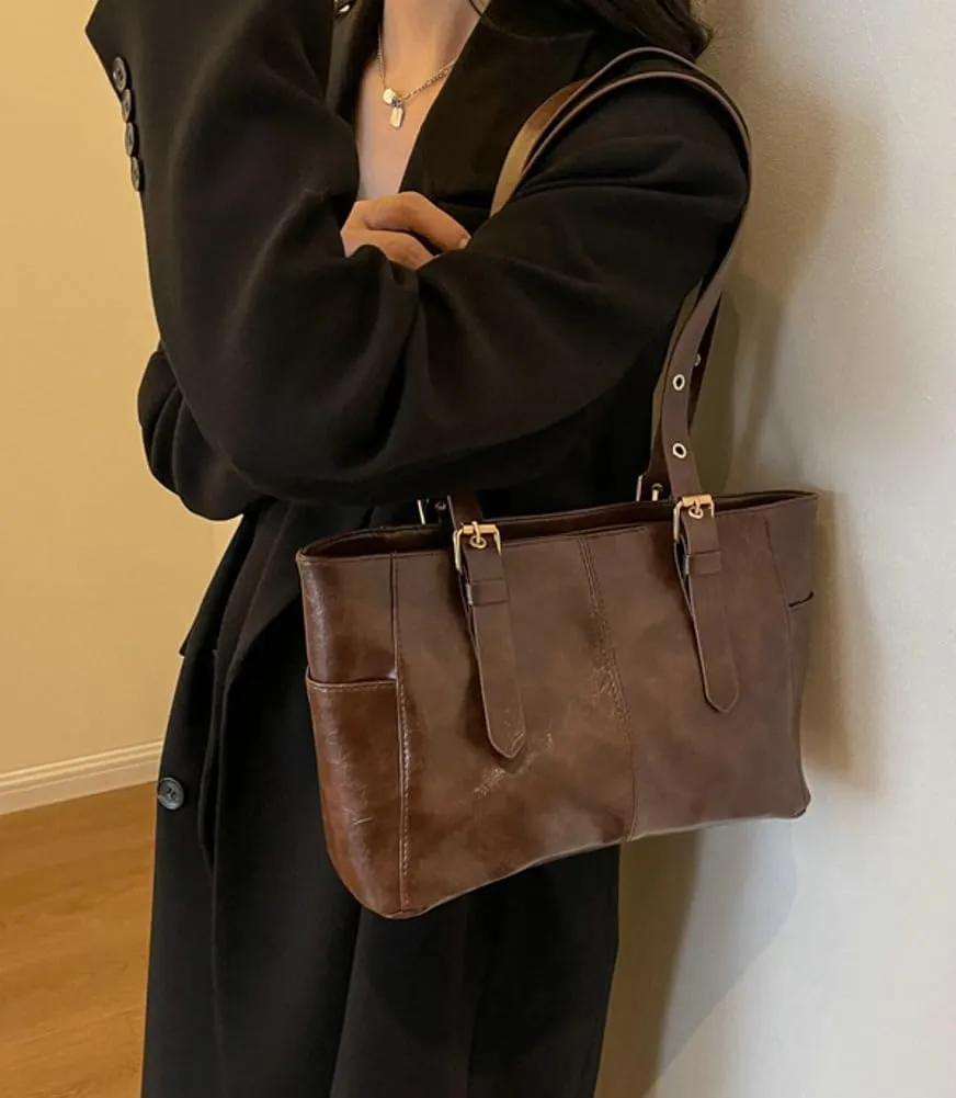 Women's Glossy PU Leather Shoulder Bag Trendy Large Tote Handbag Retro Top Handle Purse