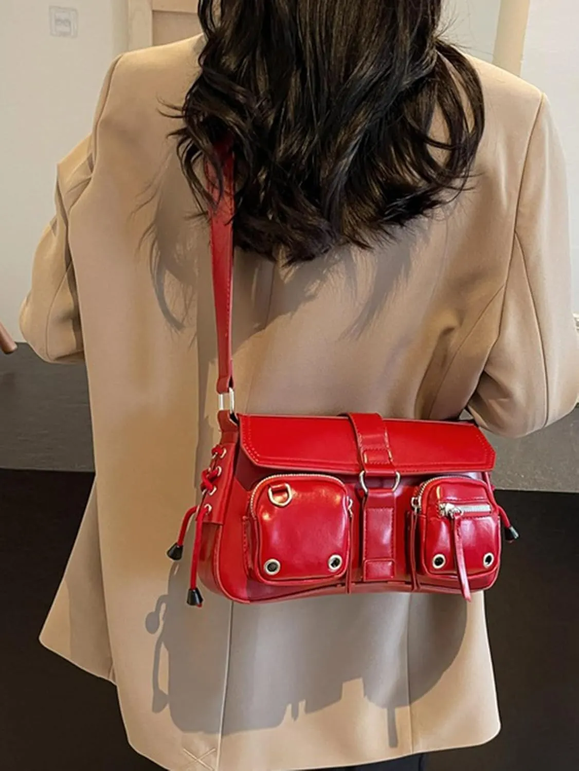 Women's Glossy Y2K Buckle Retro Boho Bags PU Leather Clutch Purses Shoulder Strap Message Handbags