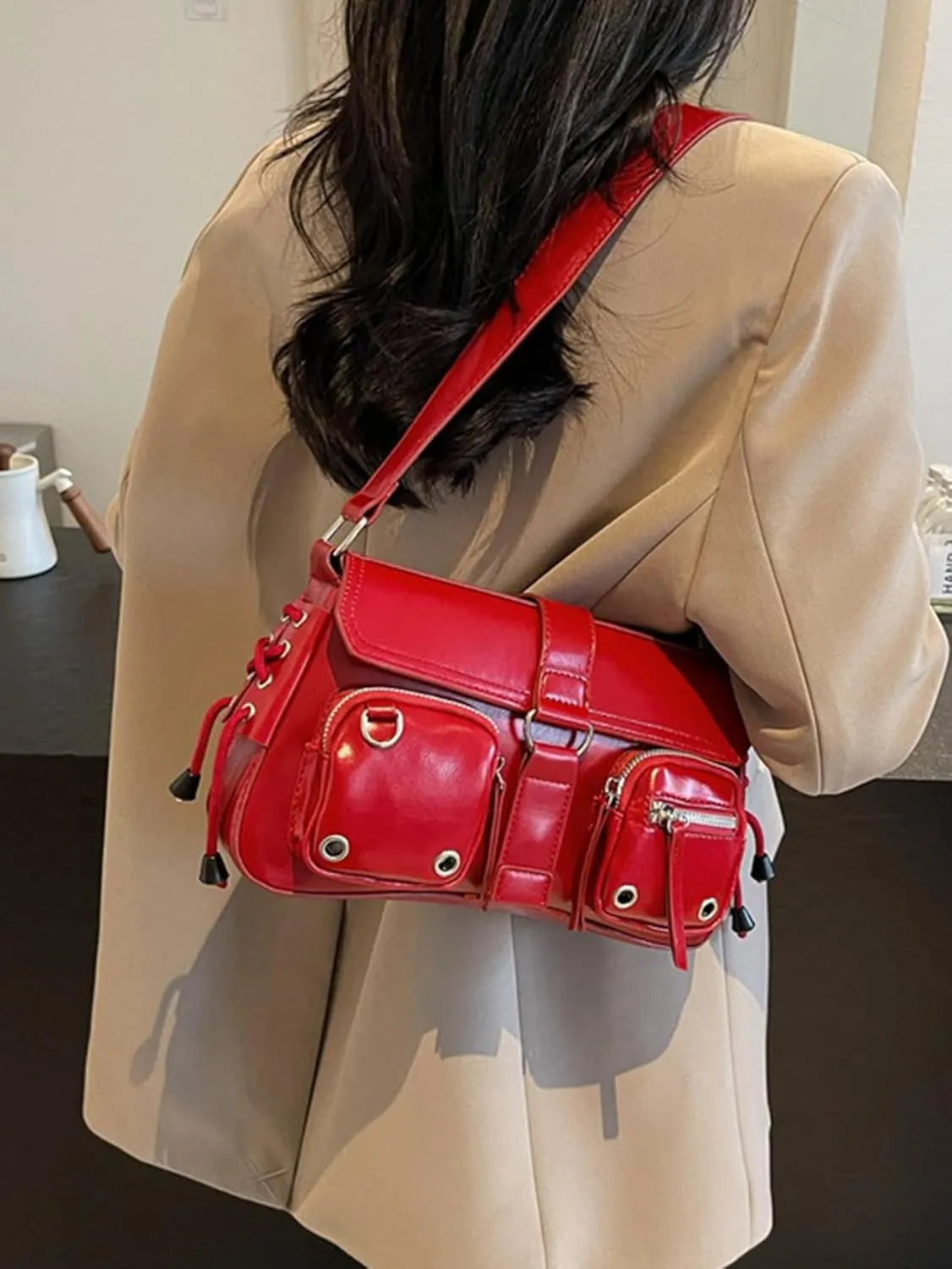 Women's Glossy Y2K Buckle Retro Boho Bags PU Leather Clutch Purses Shoulder Strap Message Handbags
