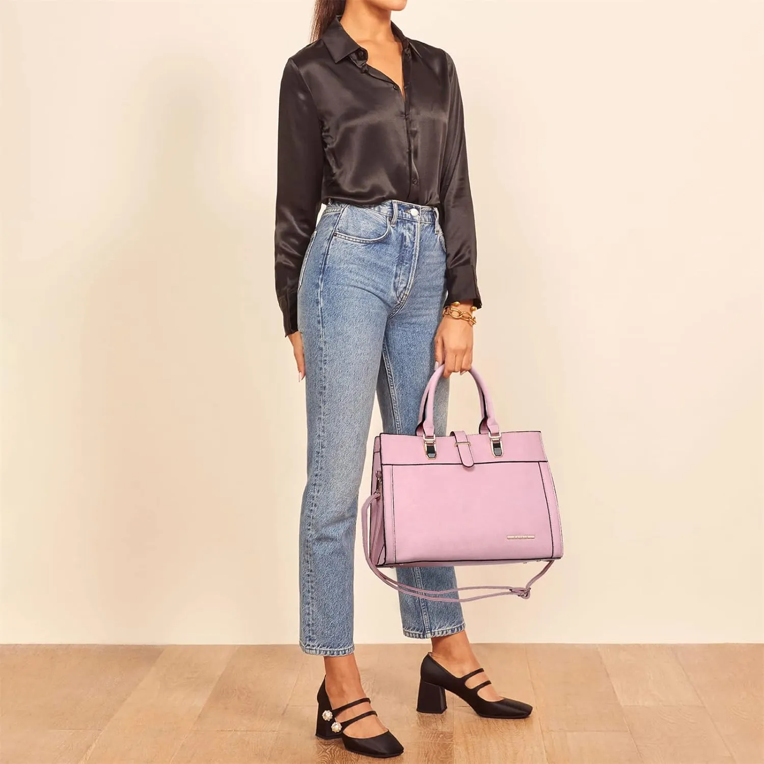 Women's Handbag Flap-over Belt Shoulder Bag Top Handle Tote Satchel Purse Work Bag w/Matching Wristlet
