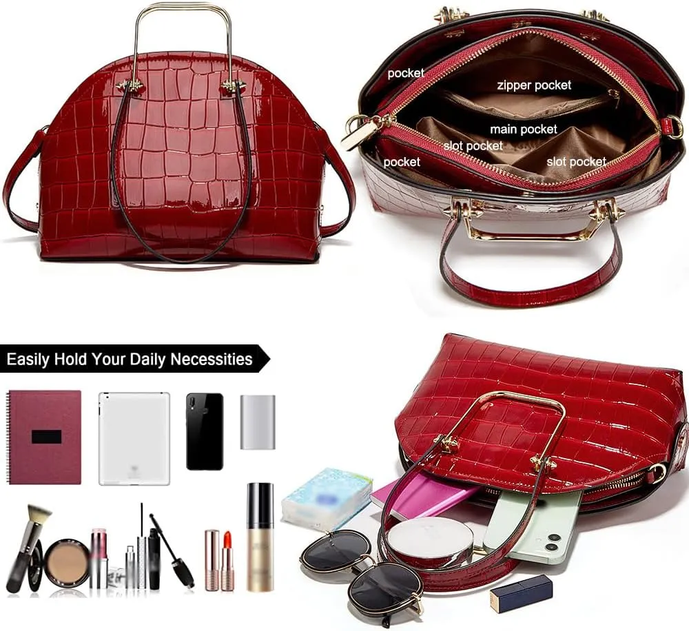 Womens Handbags Glossy Patent Leather Dome Satchel Bag Top Handle Handbag Purse Shoulder Crossbody Bag Medium Tote Bag