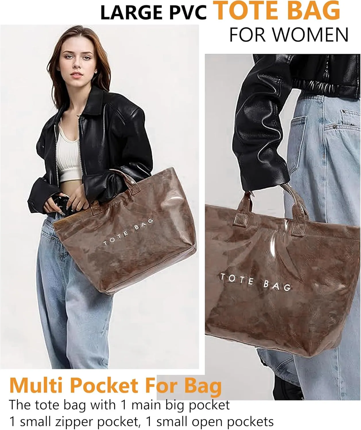 Women's Large PVC Tote Bag – Letters Print Kraft Paper Carry All Bag Top Handle Clear Hobo Handbag