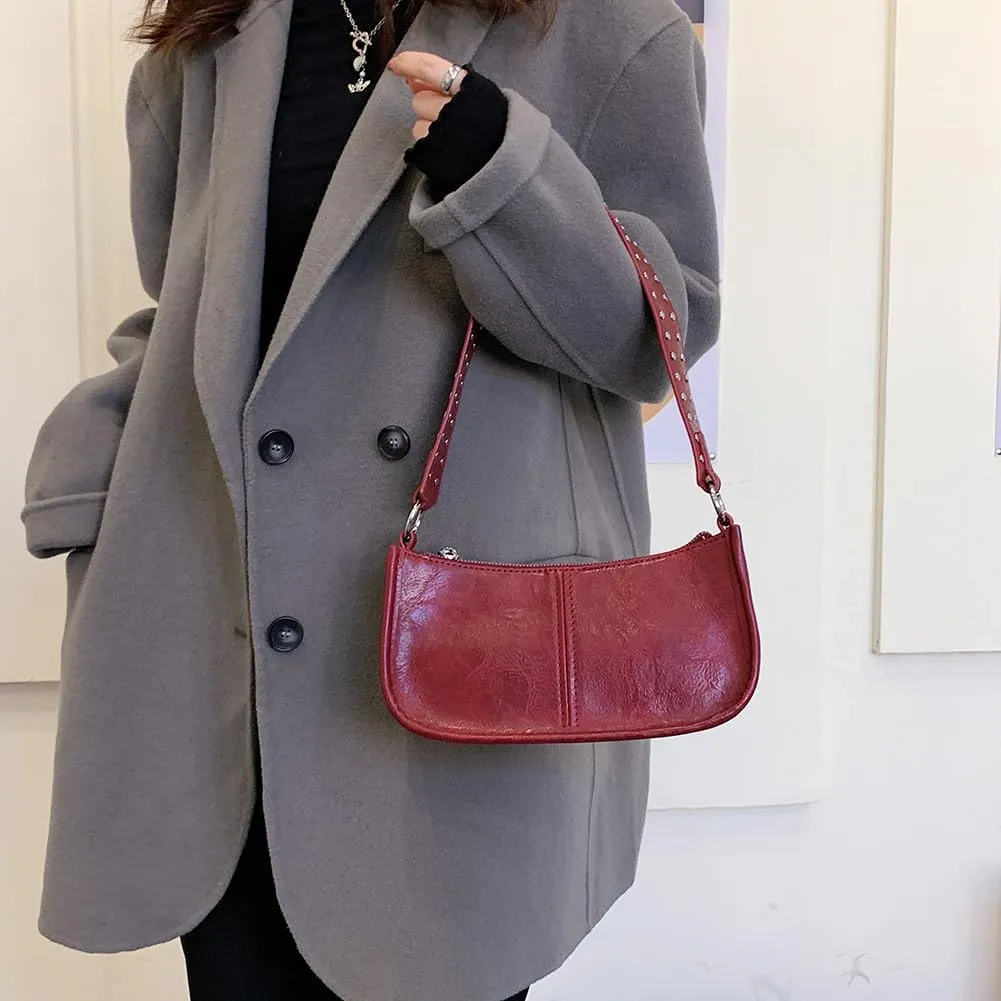 Womens Leather Shoulder Bag Small Y2K Purse Handbag Mini Crossbody Going Out Bags with Studded Decor Straps