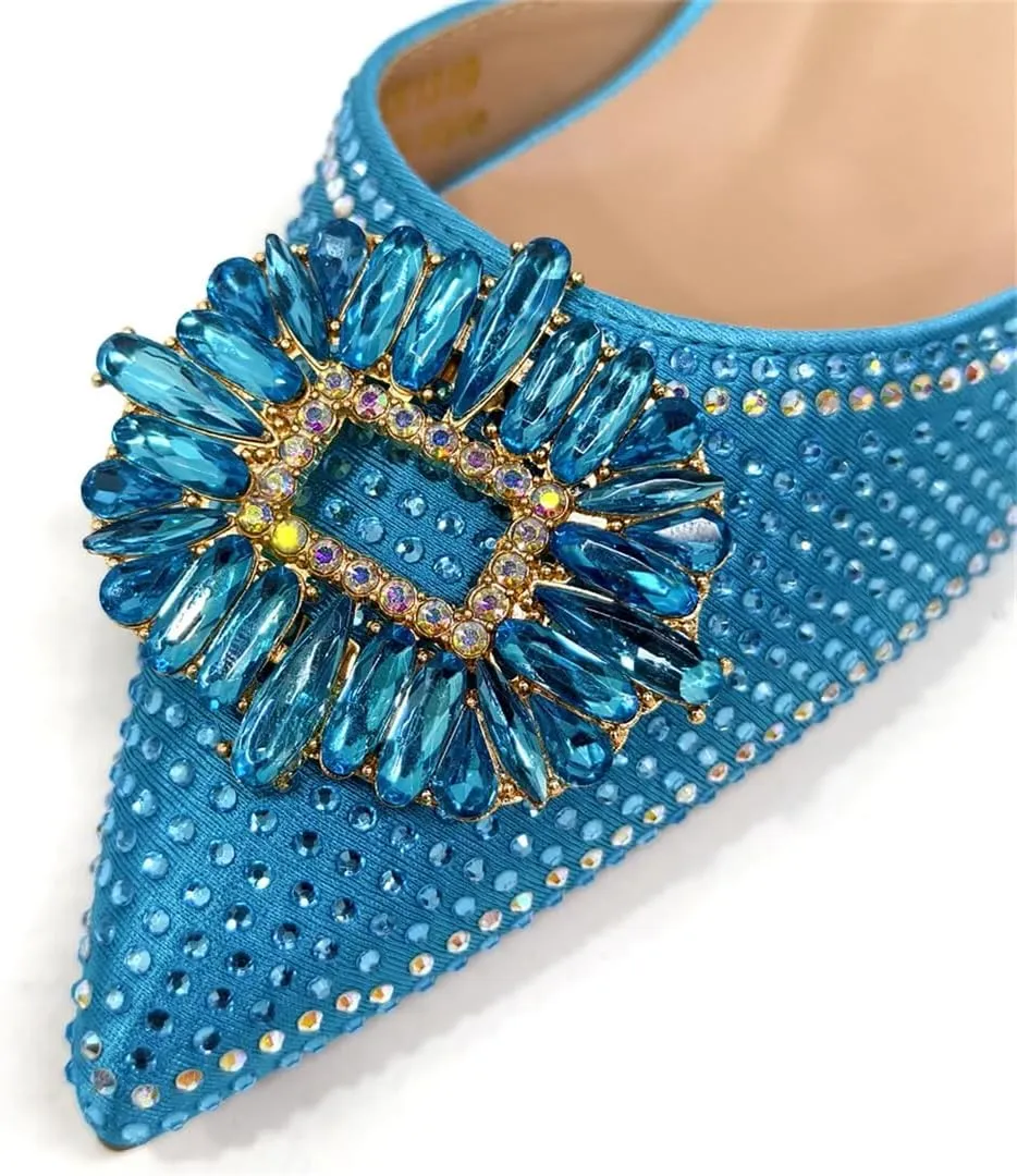 Women’S Luxurious Sky Blue Pumps and Handbag Set for Parties and Weddings Comfortable Streamline Slingbacks with Bling