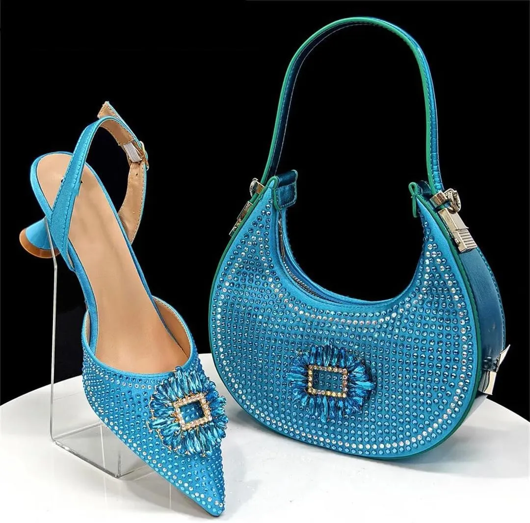 Women’S Luxurious Sky Blue Pumps and Handbag Set for Parties and Weddings Comfortable Streamline Slingbacks with Bling