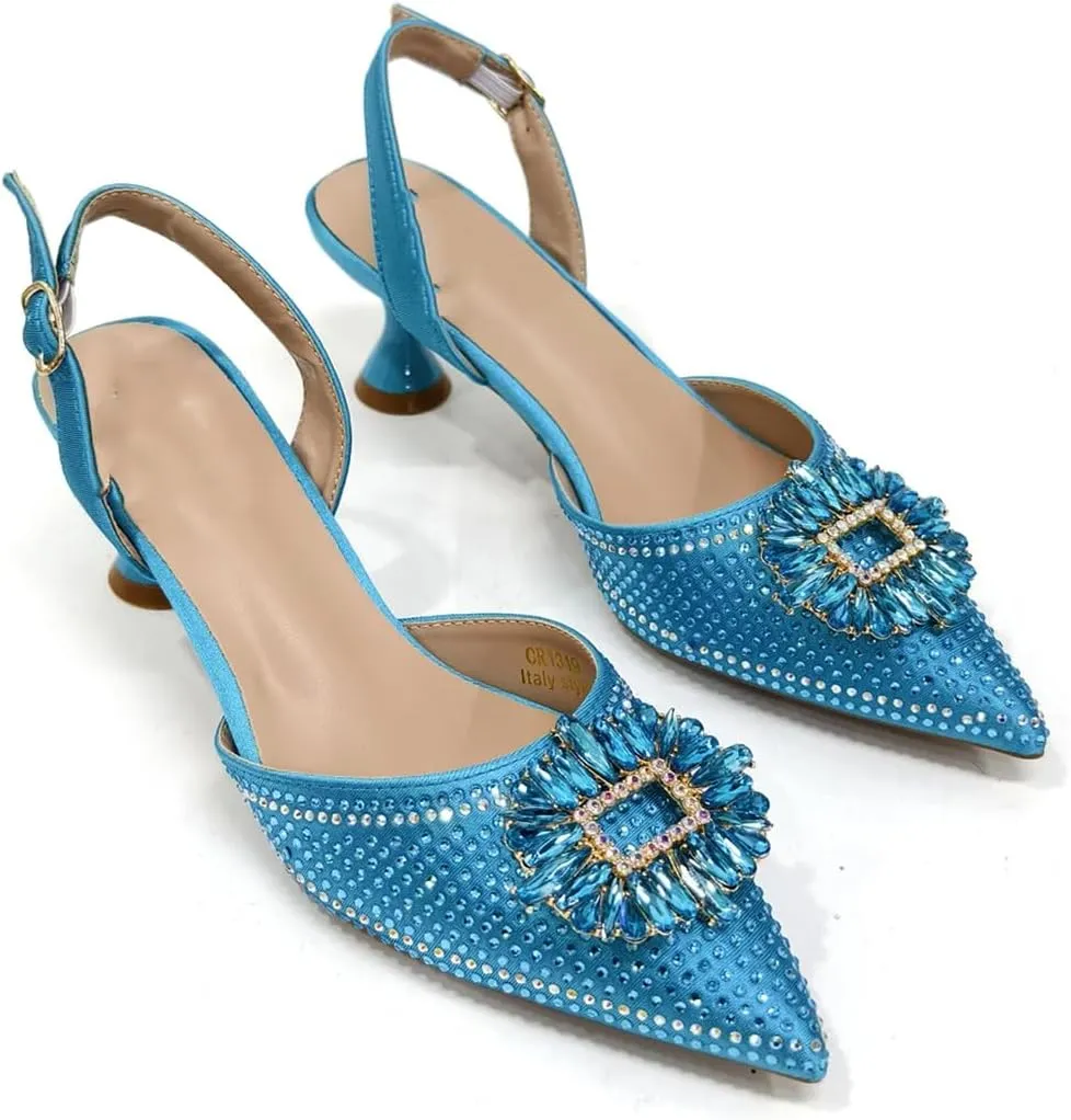 Women’S Luxurious Sky Blue Pumps and Handbag Set for Parties and Weddings Comfortable Streamline Slingbacks with Bling