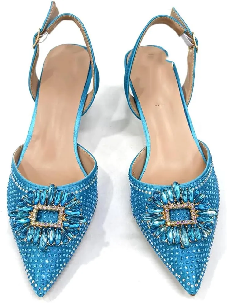 Women’S Luxurious Sky Blue Pumps and Handbag Set for Parties and Weddings Comfortable Streamline Slingbacks with Bling