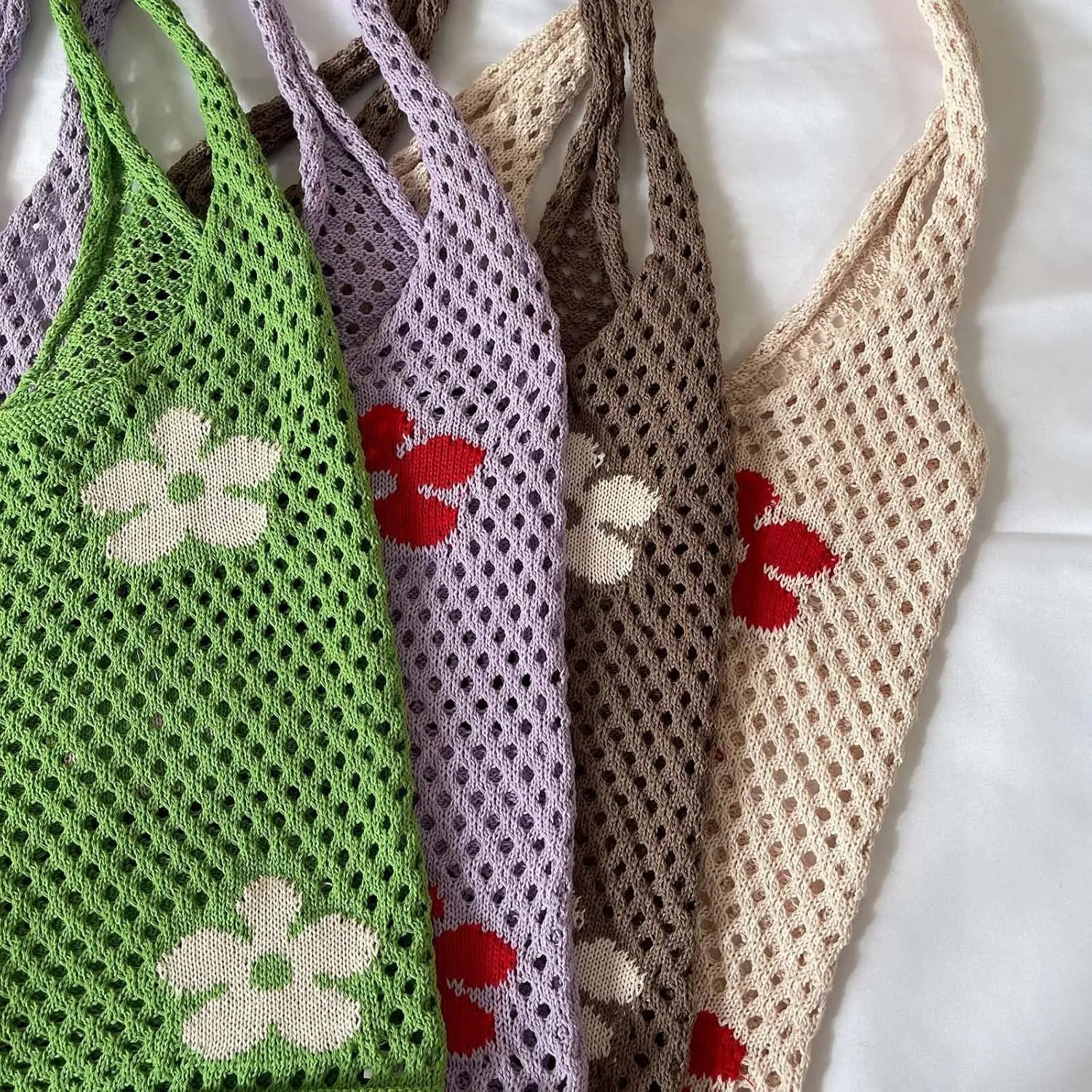 Women's New Japanese And Korean Tote Bag Flower Bag Knitted Mesh Hollow Shoulder Bags Shoulder Bags (A, One Size)