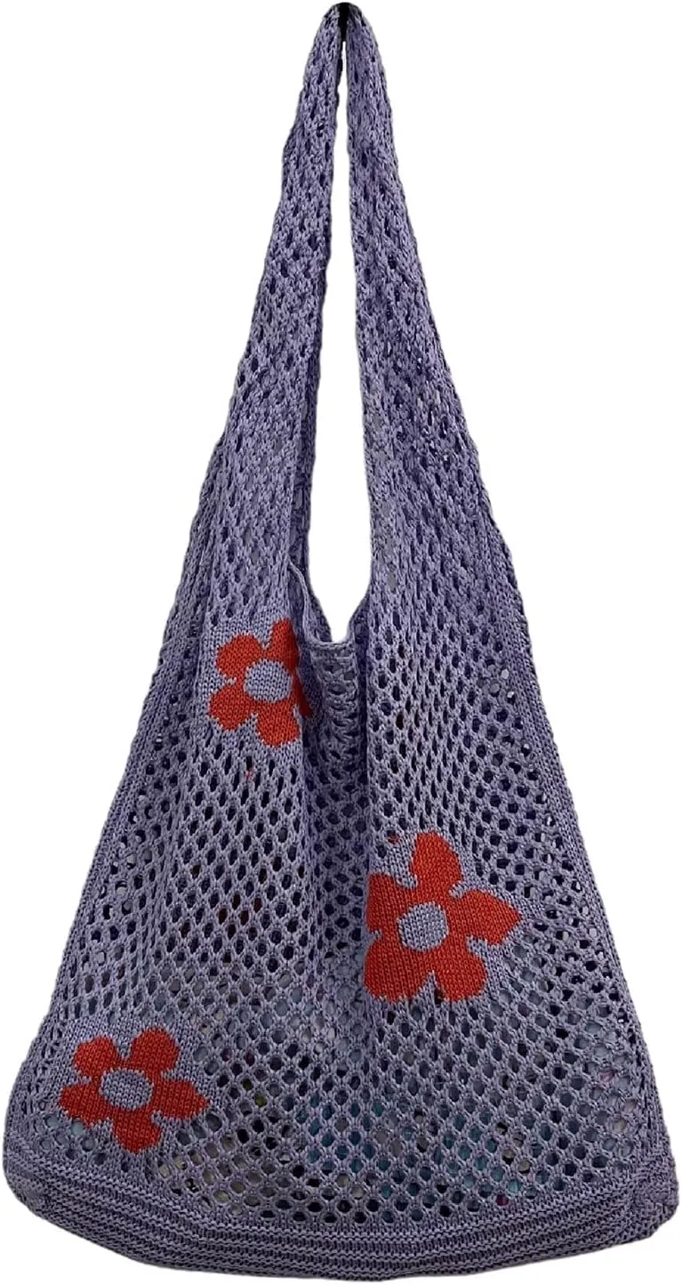 Women's New Japanese And Korean Tote Bag Flower Bag Knitted Mesh Hollow Shoulder Bags Shoulder Bags (A, One Size)