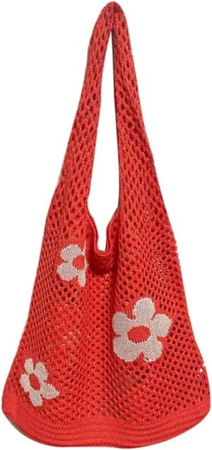Women's New Japanese And Korean Tote Bag Flower Bag Knitted Mesh Hollow Shoulder Bags Shoulder Bags (B, One Size)