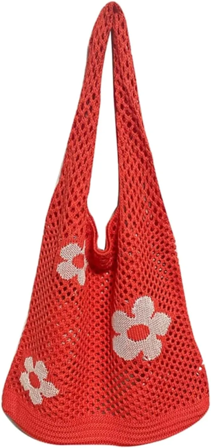 Women's New Japanese And Korean Tote Bag Flower Bag Knitted Mesh Hollow Shoulder Bags Shoulder Bags (B, One Size)