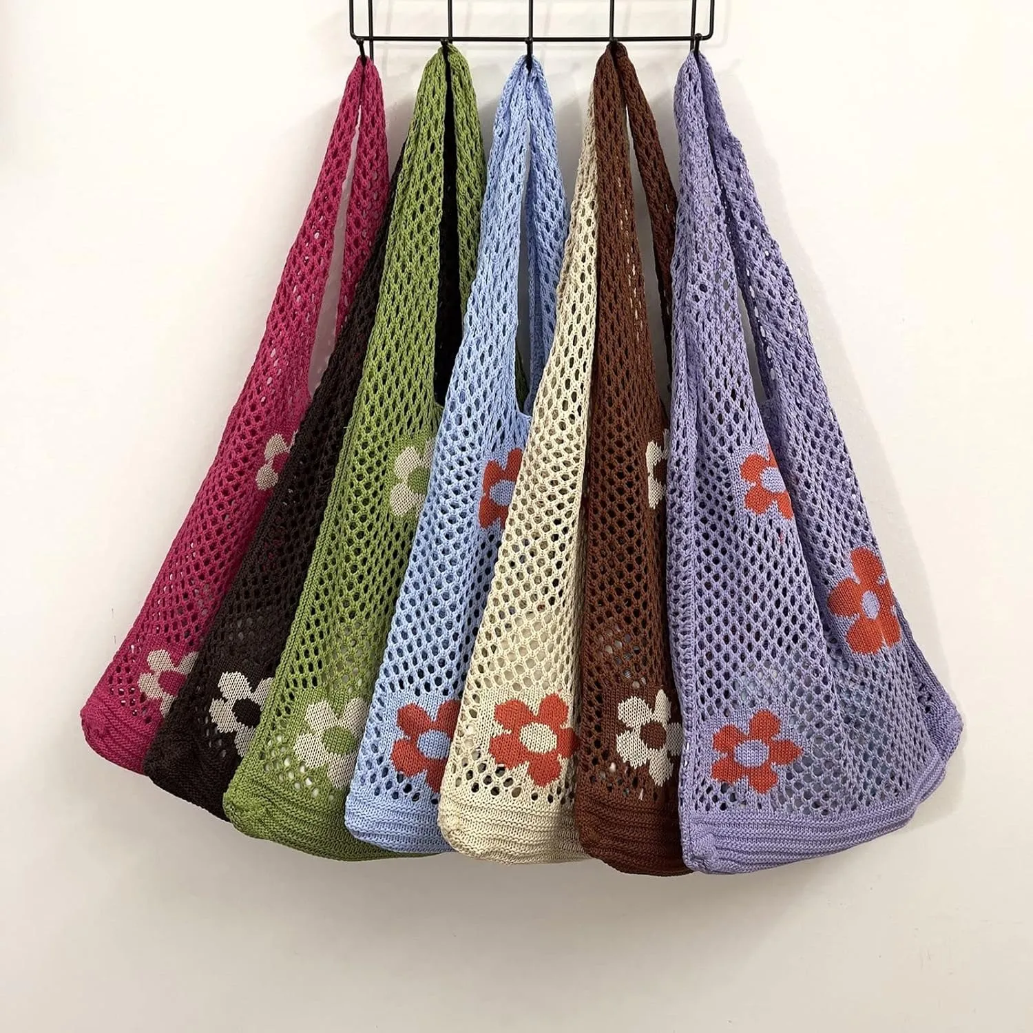 Women's New Japanese And Korean Tote Bag Flower Bag Knitted Mesh Hollow Shoulder Bags Shoulder Bags (B, One Size)